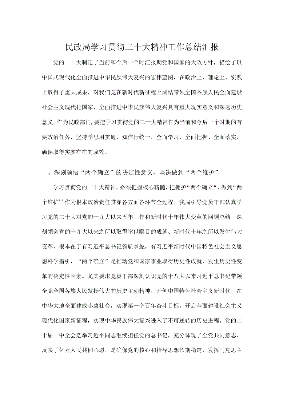 民政局学习贯彻二十大精神工作总结汇报.docx_第1页