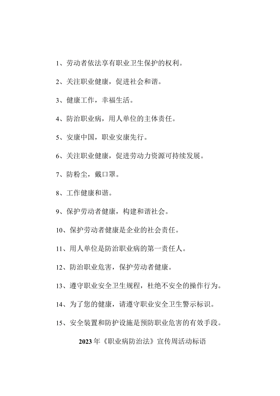 民营单位2023年开展《职业病防治法》宣传周活动标语 汇编4份.docx_第1页