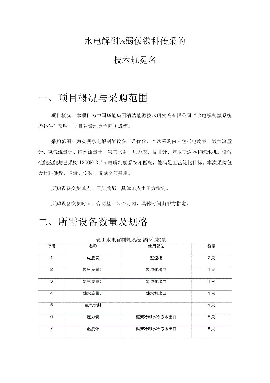 水电解制氢系统增补件采购技术规范书项目概况与采购范围.docx_第1页