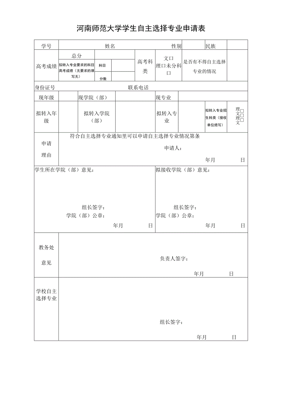 河南师范大学学生自主选择专业申请表.docx_第1页