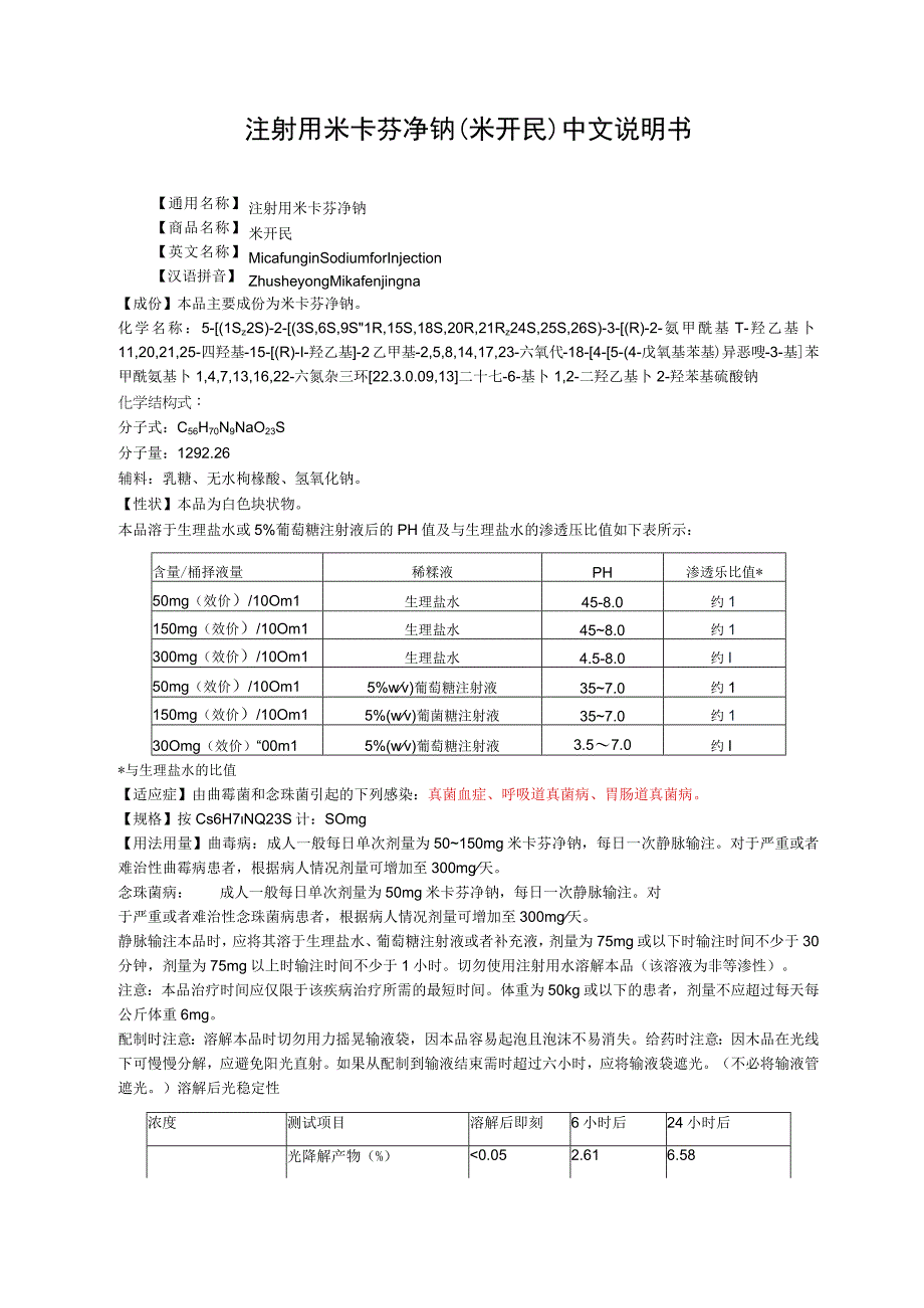 注射用米卡芬净钠（米开民）中文说明书.docx_第1页