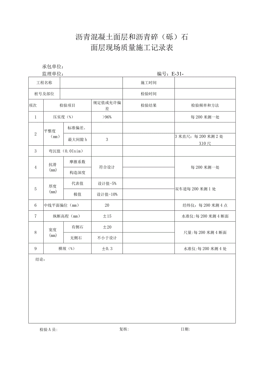 沥青混凝土面层和沥青碎（砾）石面层现场质量施工记录表.docx_第1页