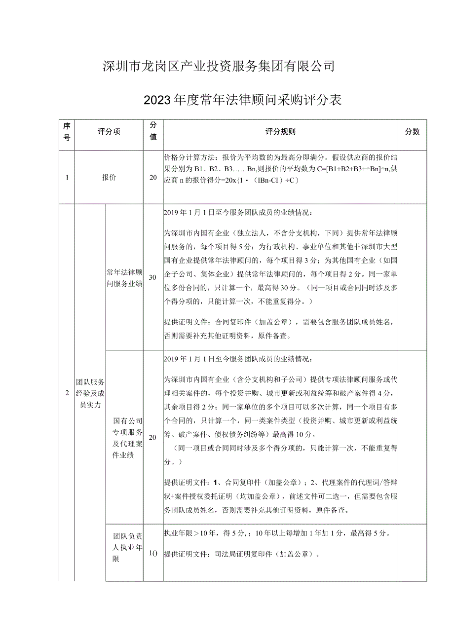 深圳市龙岗区产业投资服务集团有限公司2023年度常年法律顾问采购评分表.docx_第1页