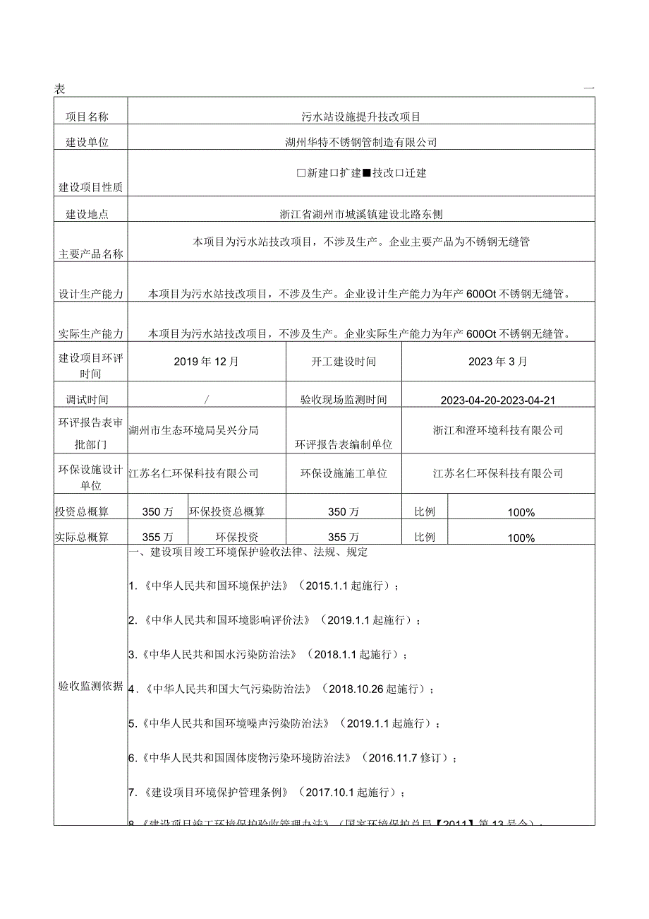 湖州华特不锈钢管制造有限公司污水站设施提升技改项目竣工环境保护验收监测报告表.docx_第2页