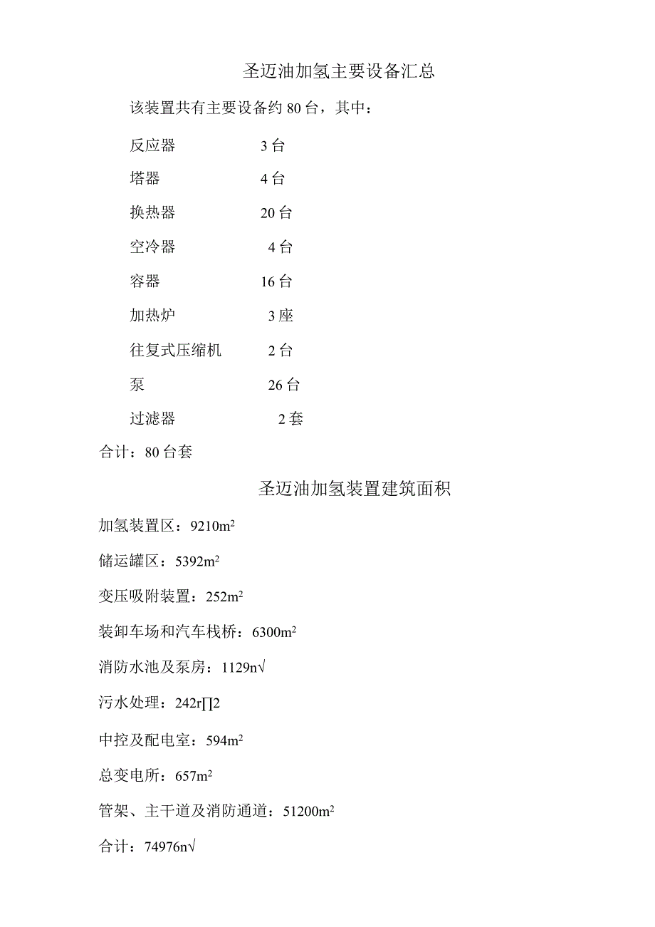 煤焦油加氢主要设备和建筑面积统计.docx_第1页