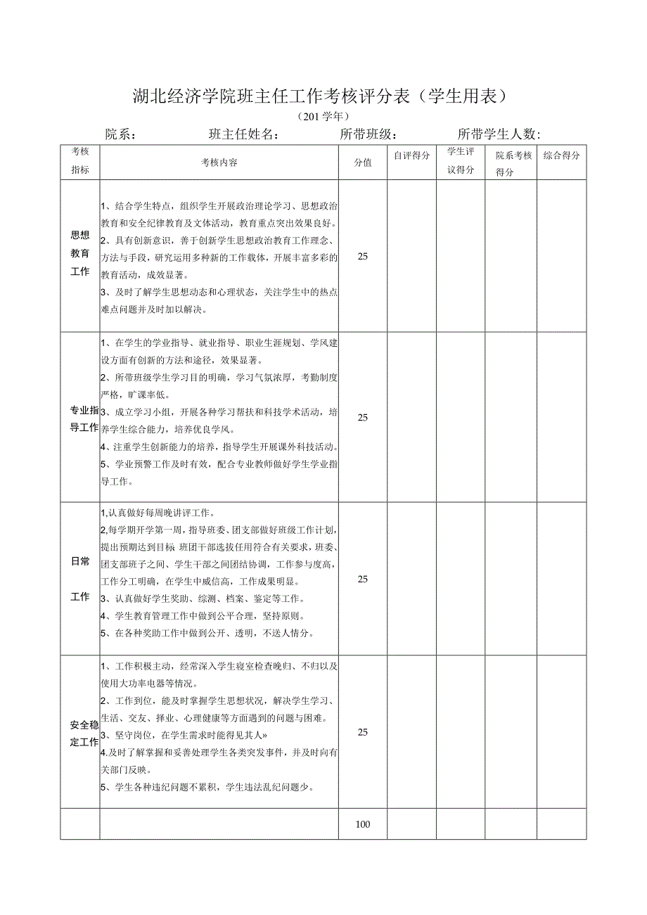 湖北经济学院班主任工作考核评分表学生用表.docx_第1页