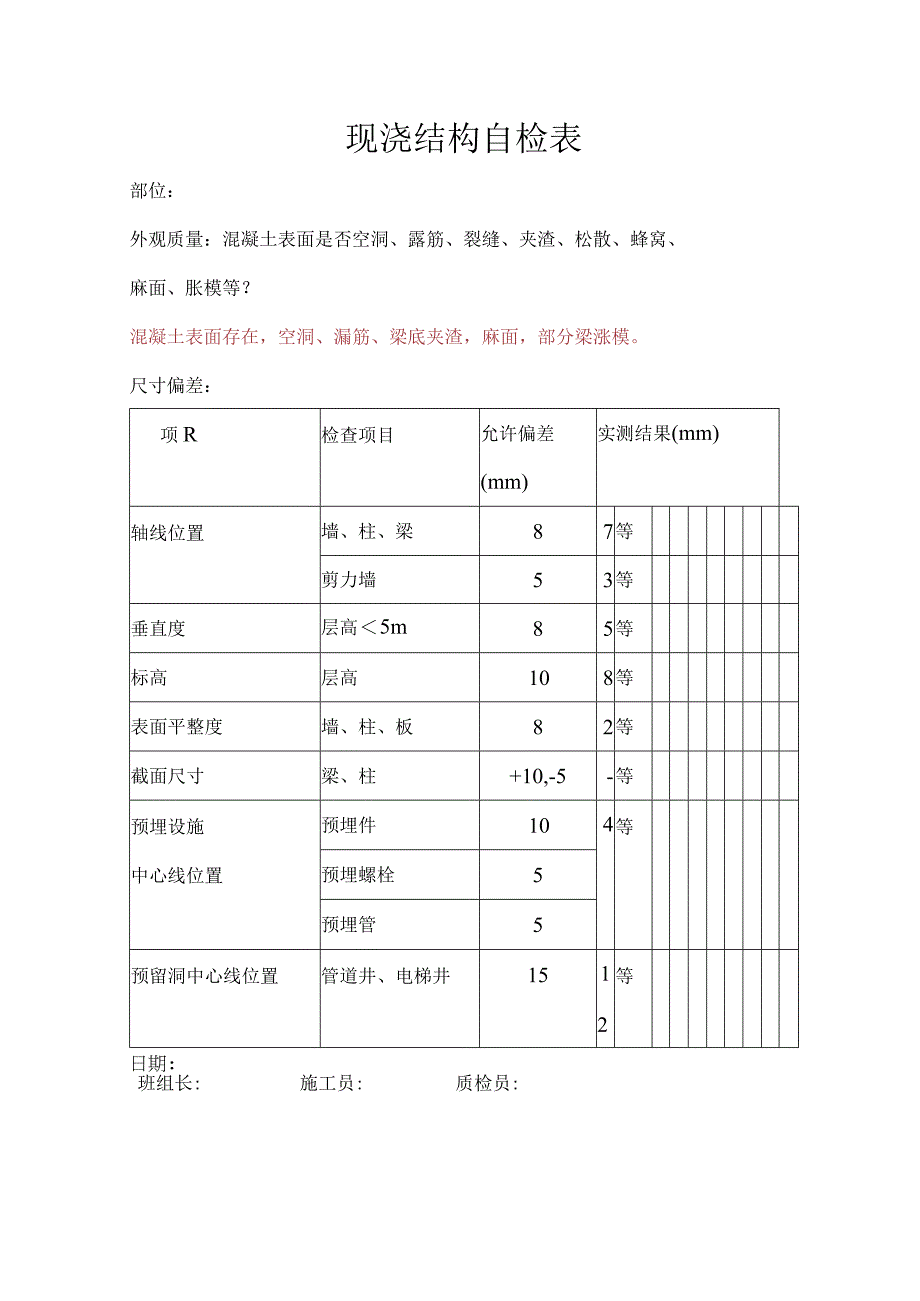 混凝土现浇结构自检表.docx_第1页