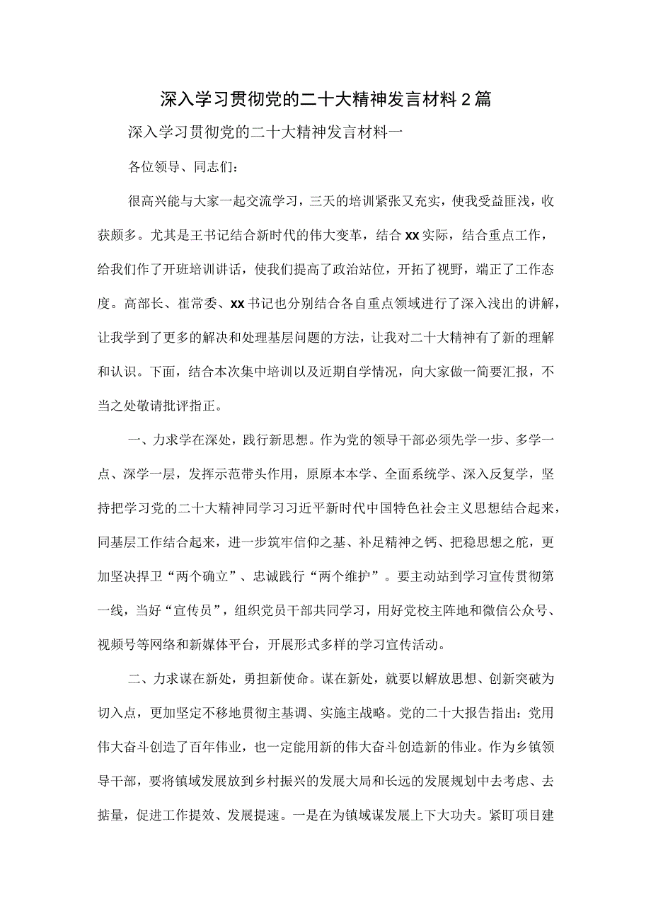 深入学习贯彻党的二十大精神发言材料2篇.docx_第1页