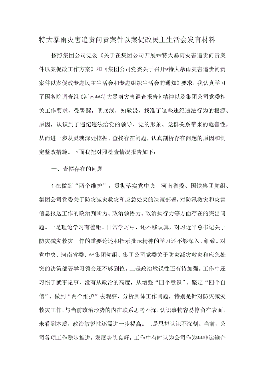 特大暴雨灾害追责问责案件以案促改民主生活会发言材料.docx_第1页