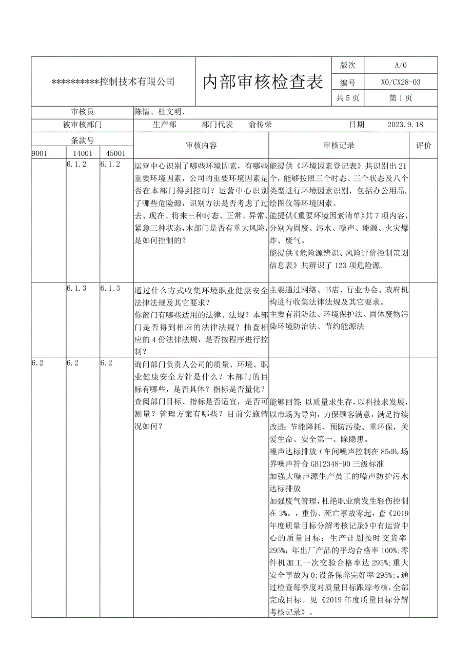 生产部内审检查表.docx_第1页