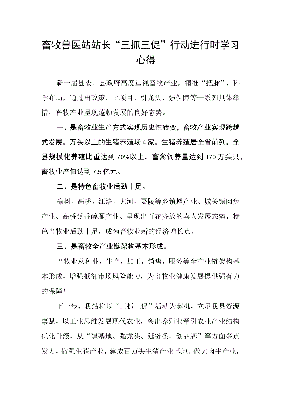 畜牧兽医站站长三抓三促行动进行时学习心得.docx_第1页