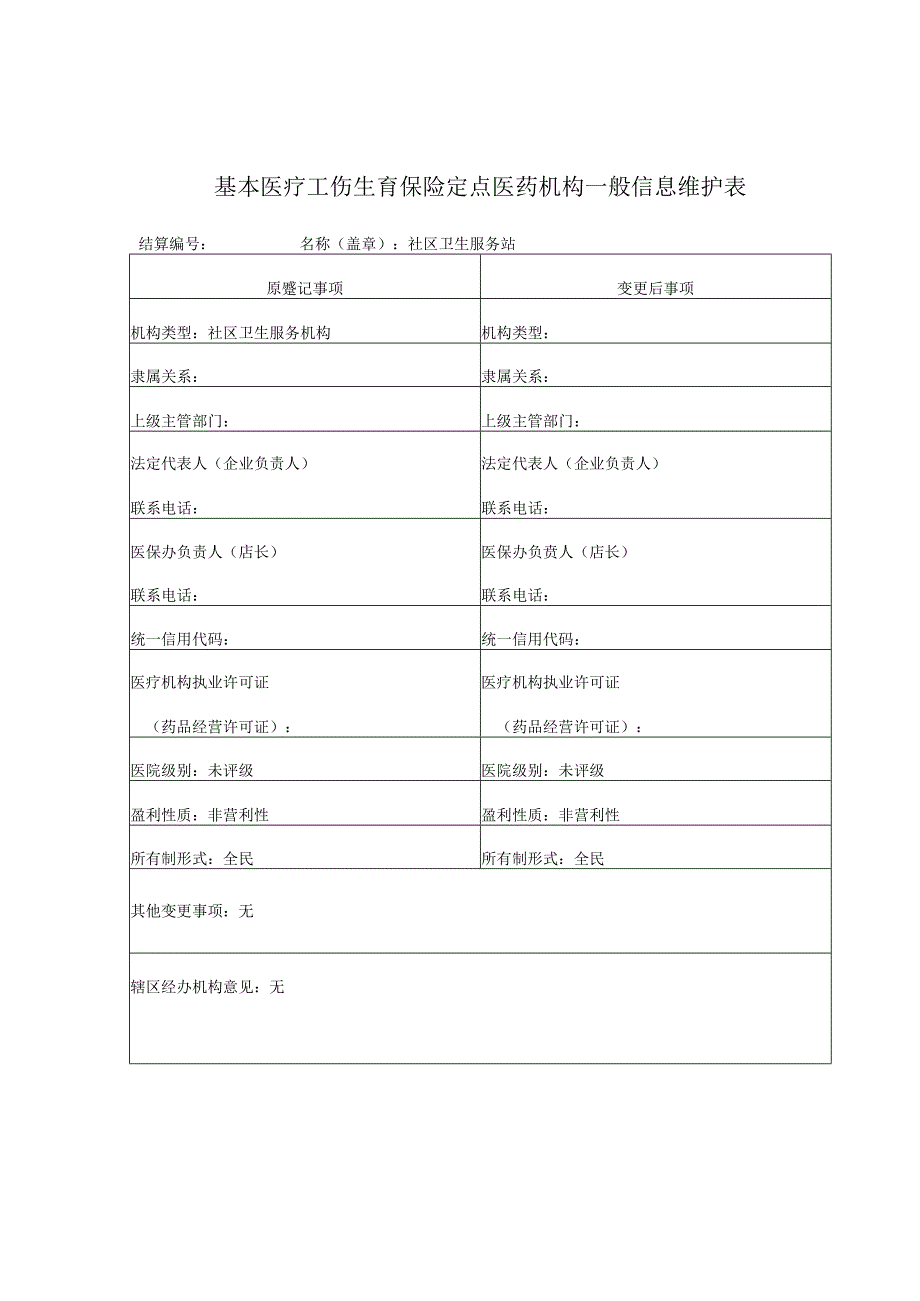 社区卫生服务站—基本医疗工伤生育保险定点医药机构一般信息维护表.docx_第1页