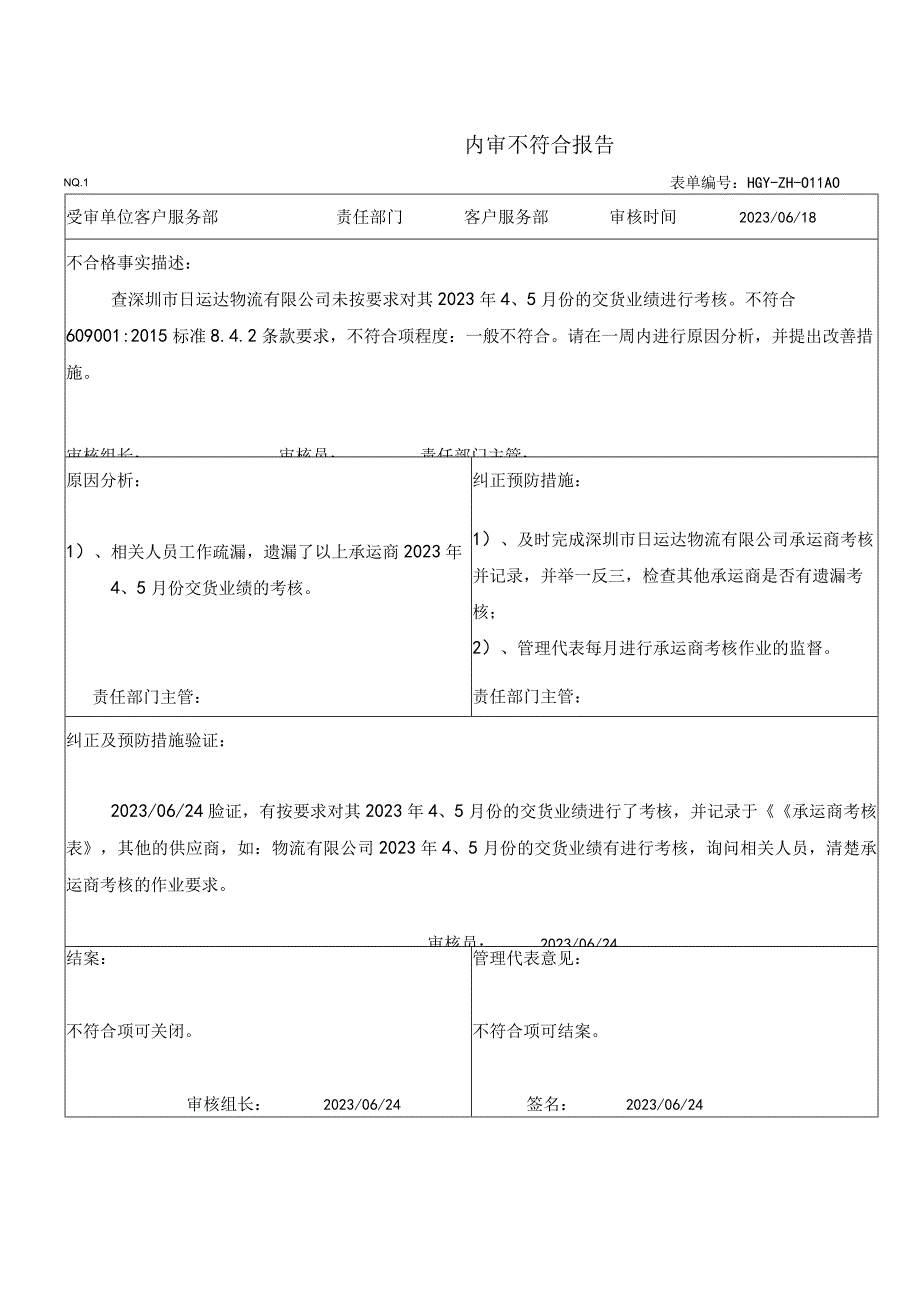 物流公司 ISO9001内审不符合报告 （填写版 ）.docx_第1页