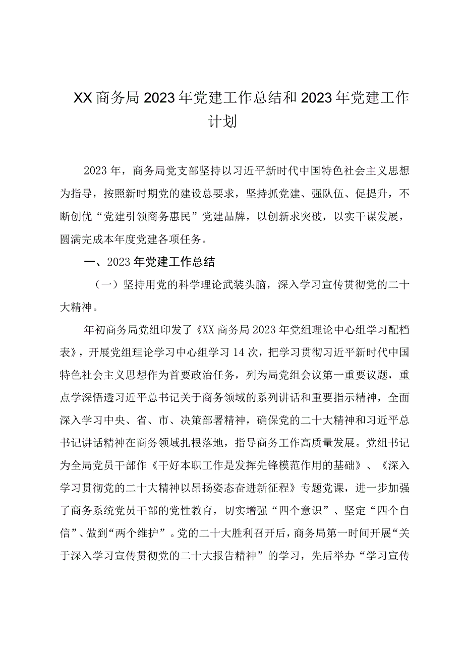 XX商务局2023年党建工作总结和2023年党建工作计划.docx_第1页