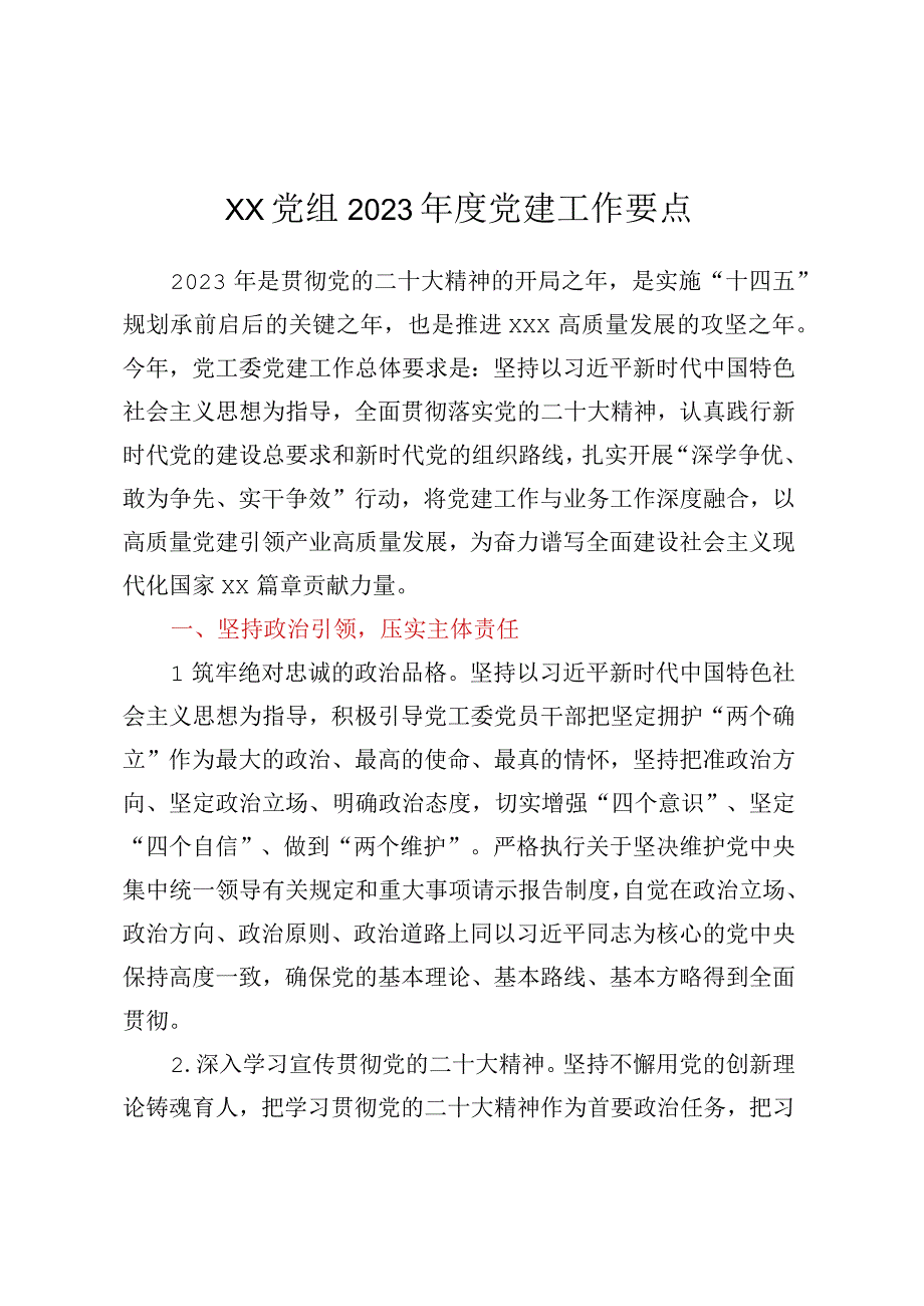 XX党组2023年度党建工作要点.docx_第1页