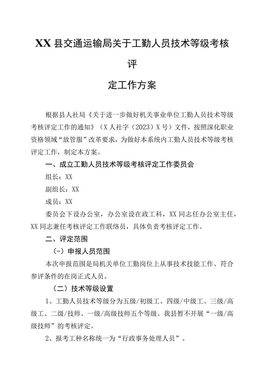 XX县交通运输局关于工勤人员技术等级考核评定工作方案.docx_第1页