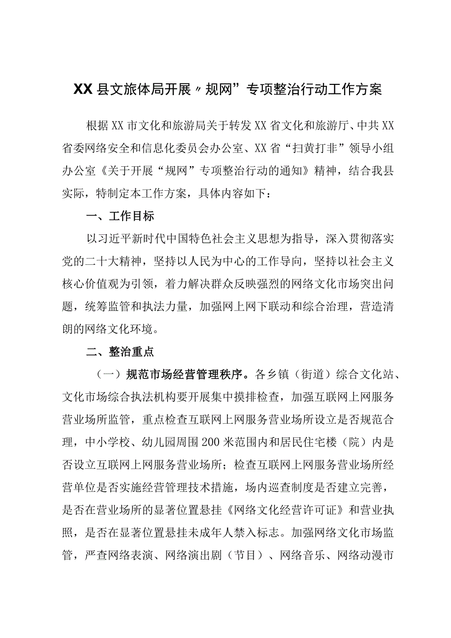 XX县文旅体局开展规网专项整治行动工作方案.docx_第1页