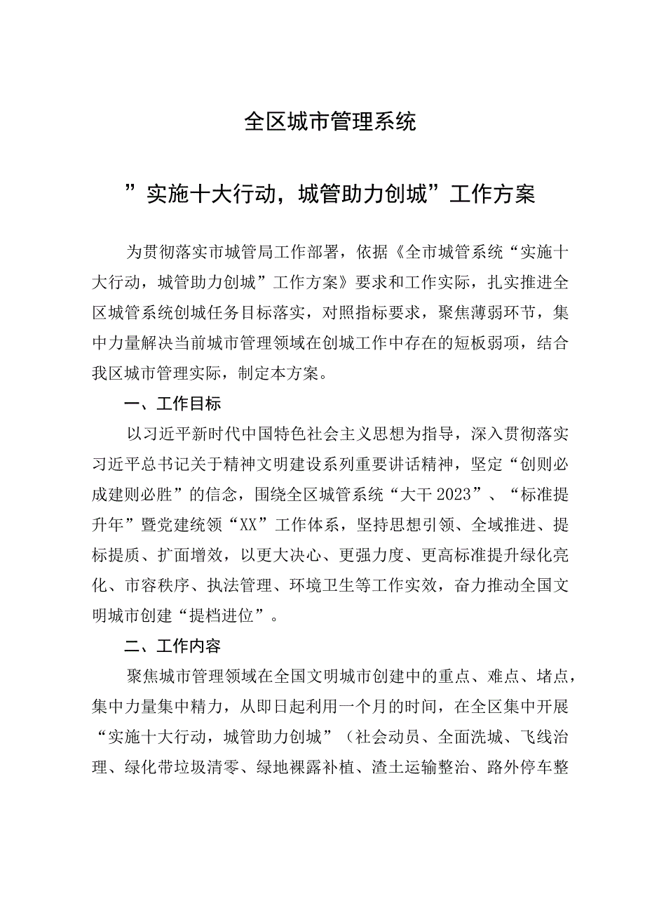 XX区城市管理系统实施十大行动 城管助力创城工作方案.docx_第1页