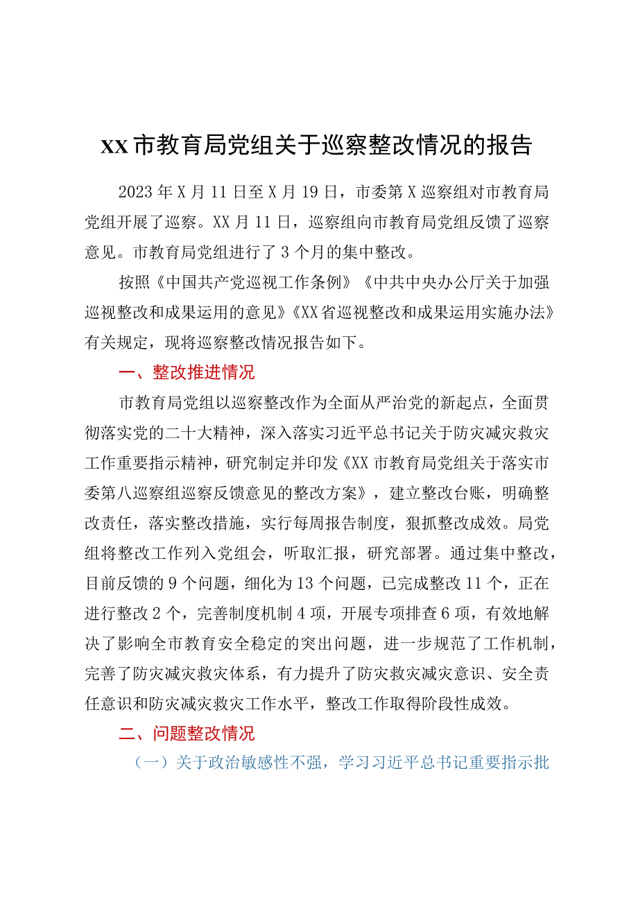 XX市教育局党组关于巡察整改情况的报告.docx_第1页