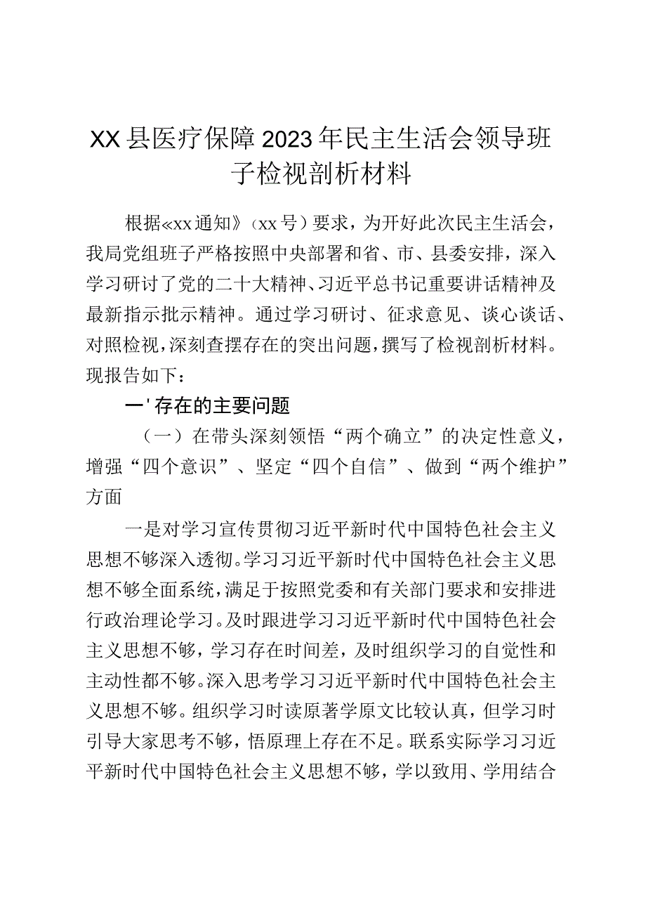 xx县医疗保障2023年民主生活会领导班子检视剖析材料.docx_第1页