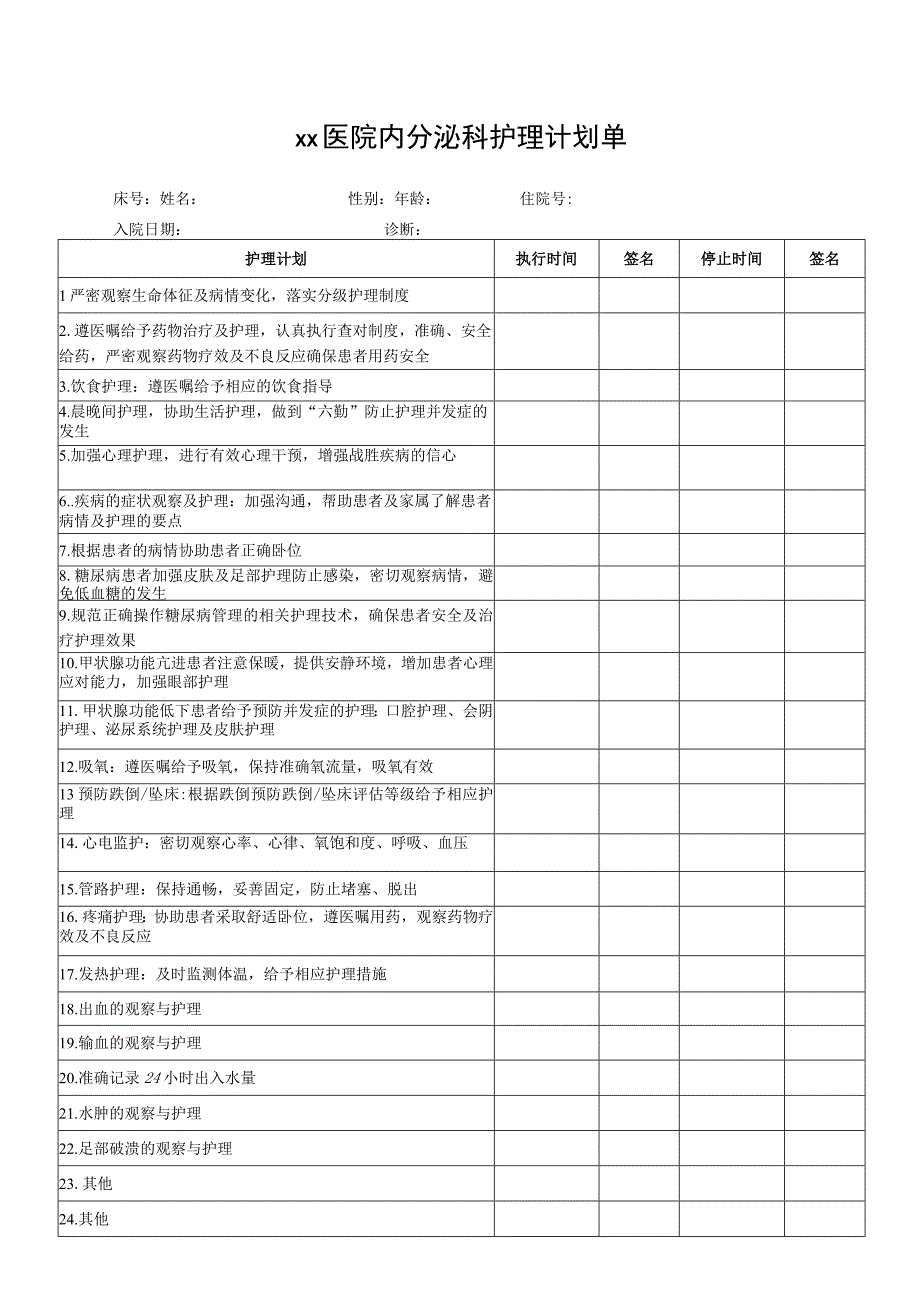 xx医院内分泌科护理计划单.docx_第1页