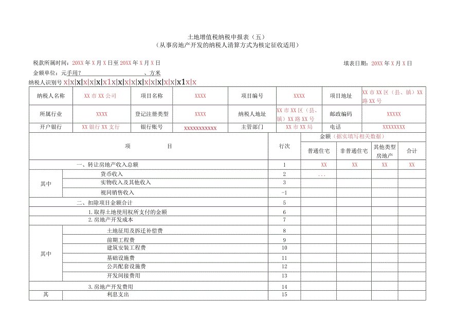 《土地增值税纳税申报表（五）（从事房地产开发的纳税人清算方式为核定征收适用》（填写示例）.docx_第1页