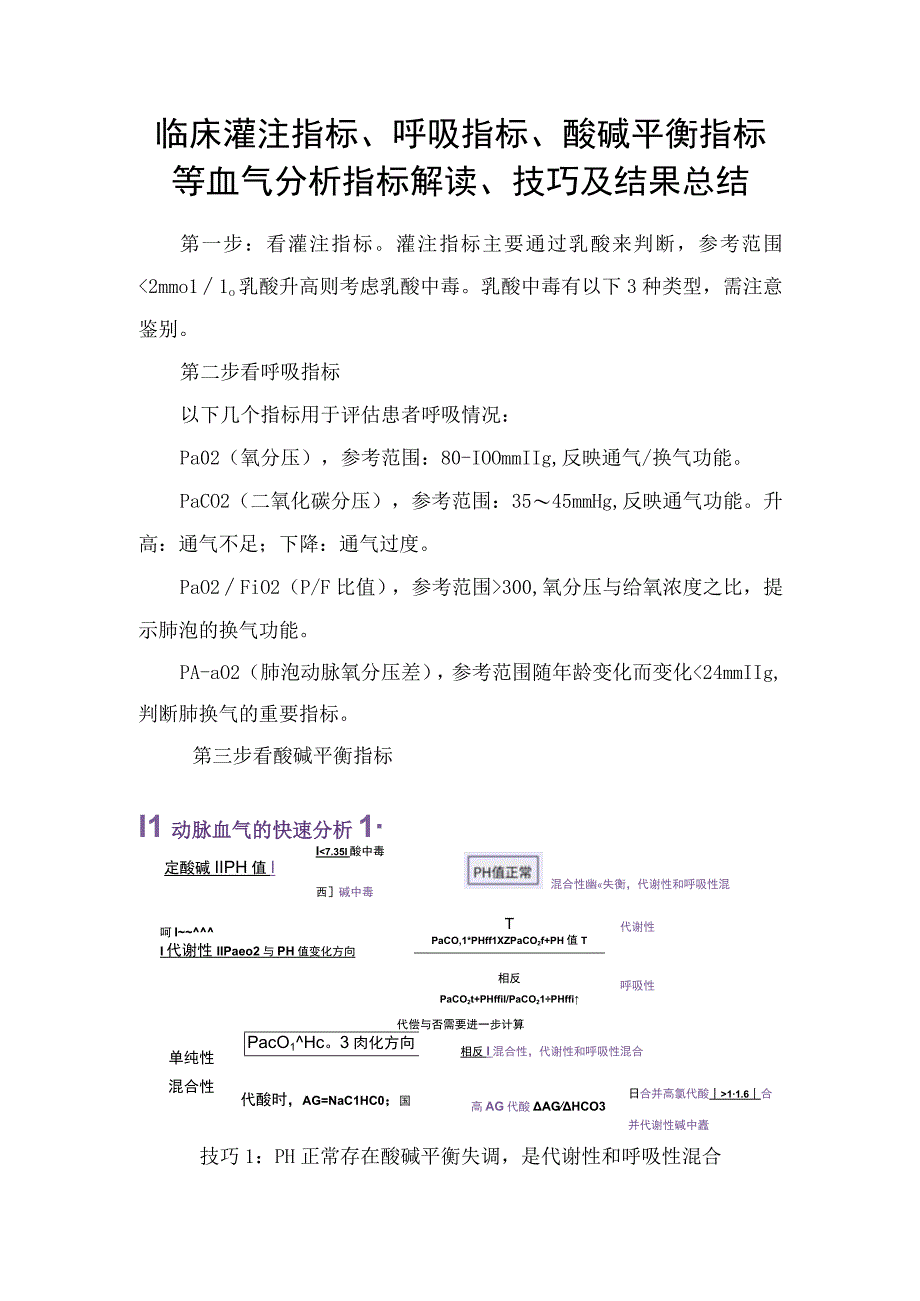 临床灌注指标呼吸指标酸碱平衡指标等血气分析指标解读技巧及结果总结.docx_第1页