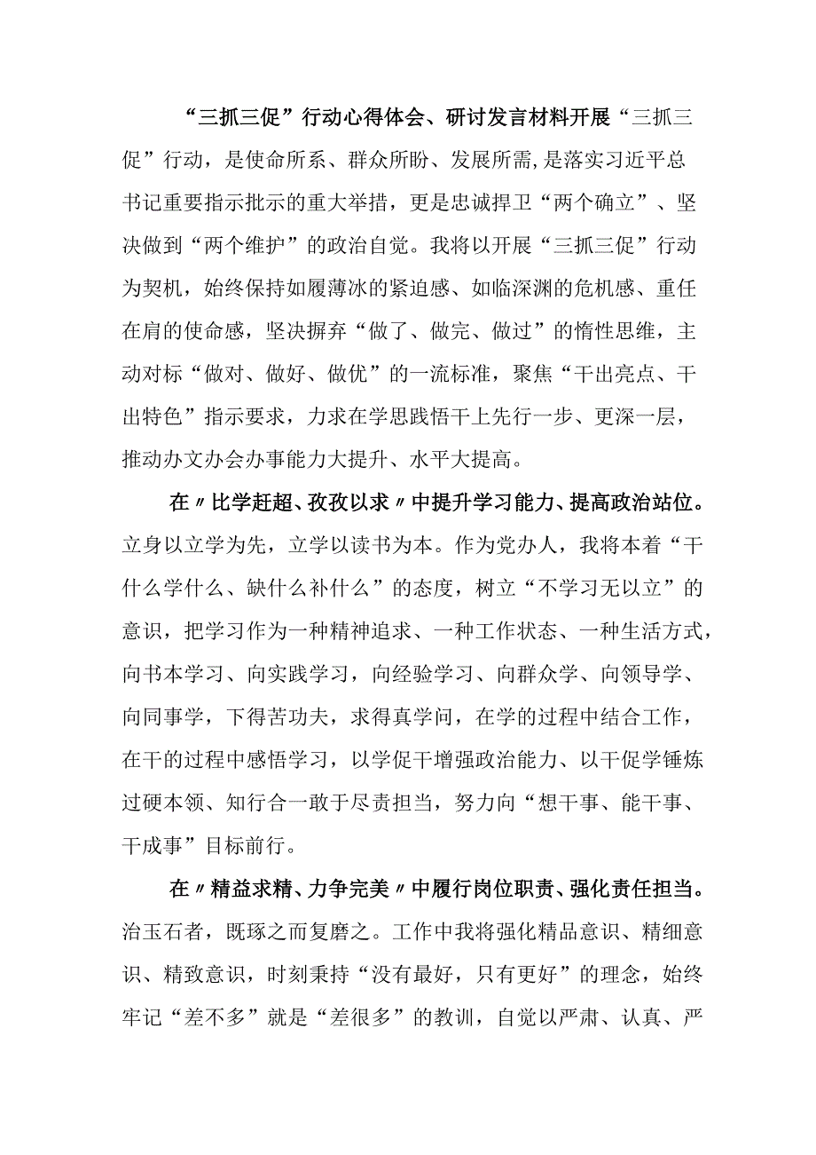 三抓三促抓学习促提升抓执行促落实抓效能促发展行动的发言材料含通用实施方案含总结材料5篇.docx_第3页