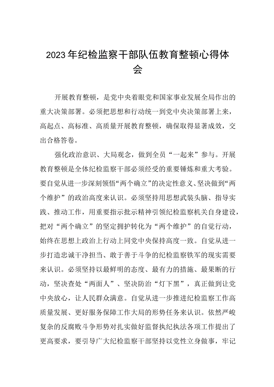 《2023年纪检监察干部队伍教育整顿》心得体会发言材料九篇.docx_第1页