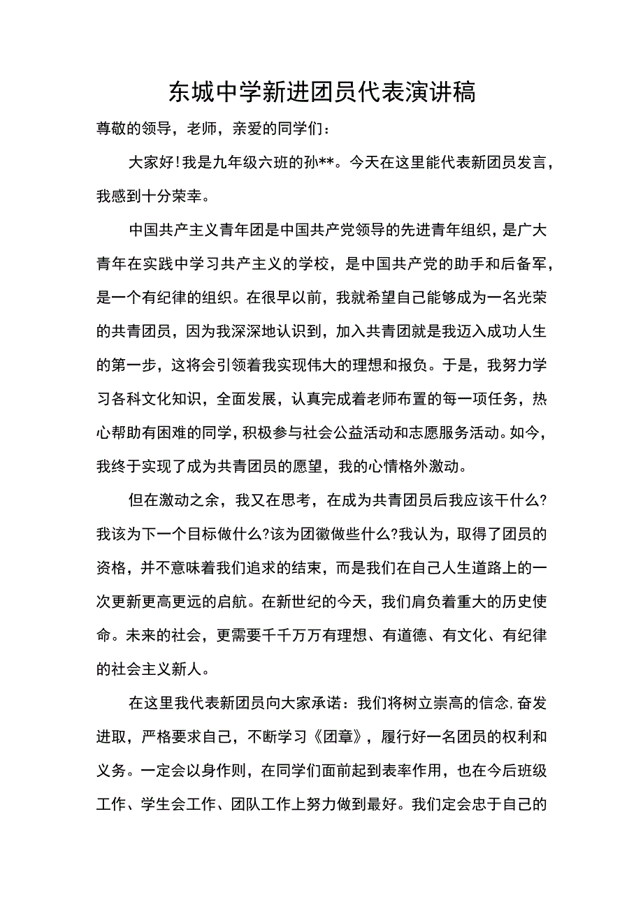 东城中学新进团员代表演讲稿.docx_第1页