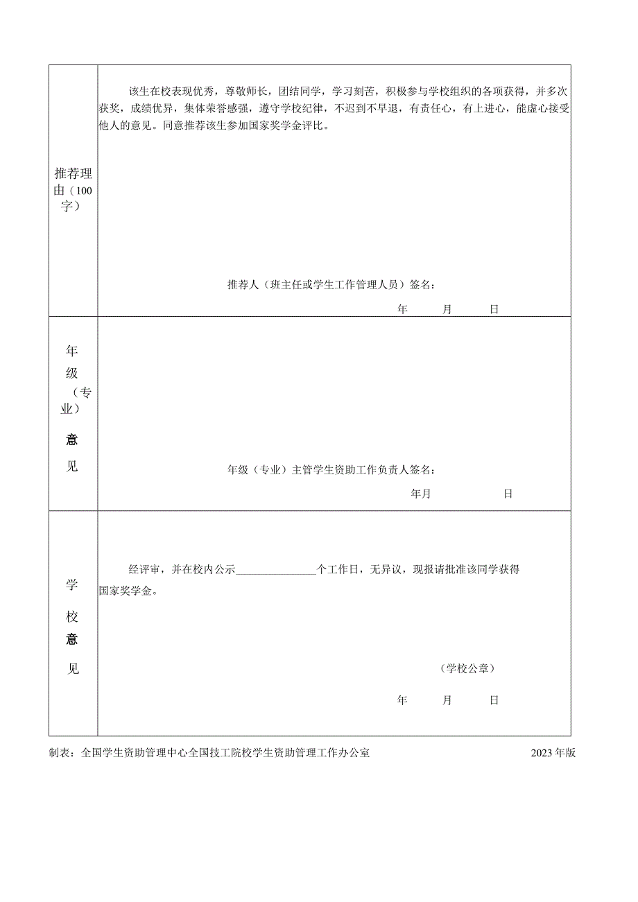 X学年中等职业教育国家奖学金申请审批表 （模板）.docx_第2页