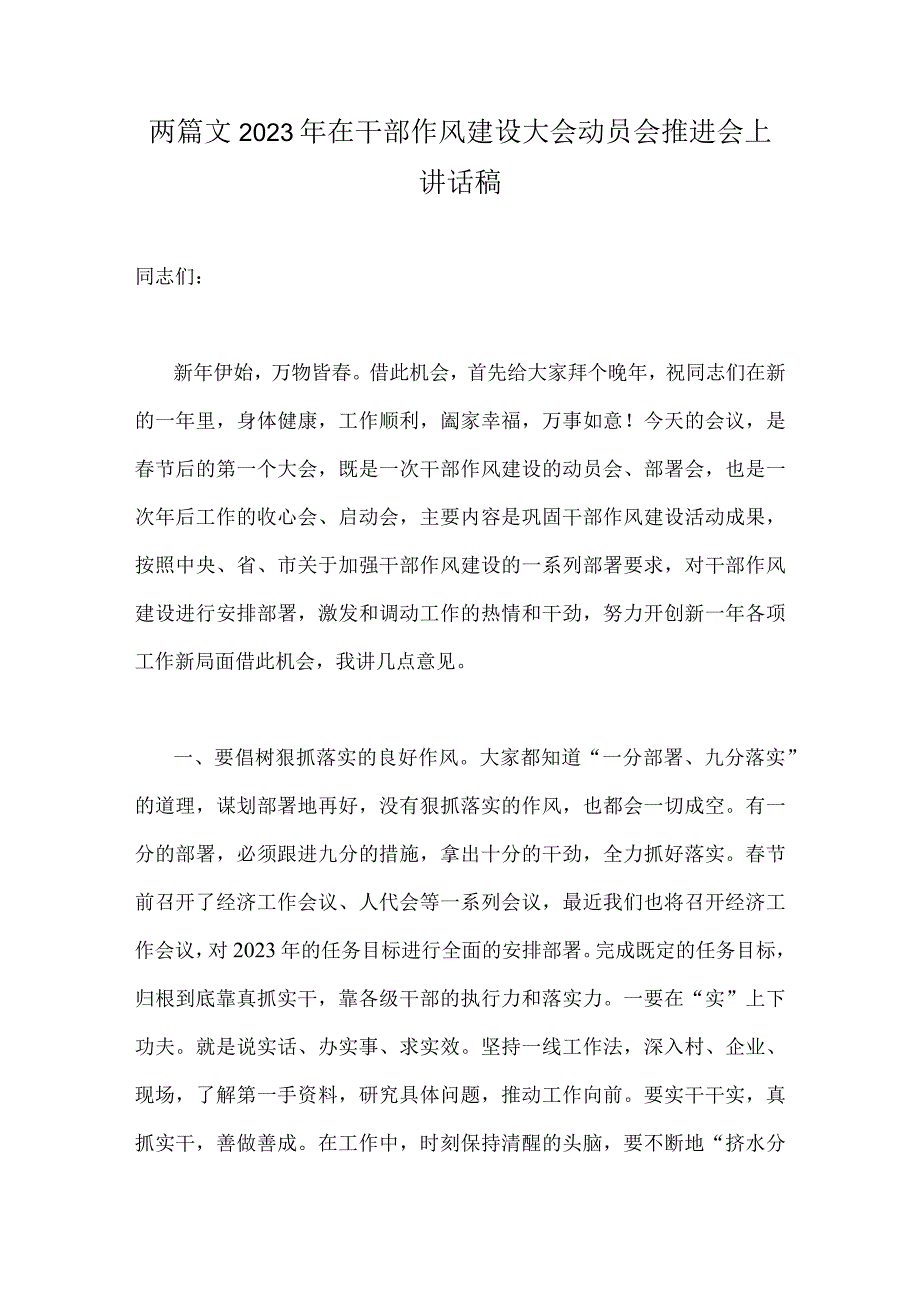 两篇文2023年在干部作风建设大会动员会推进会上讲话稿.docx_第1页