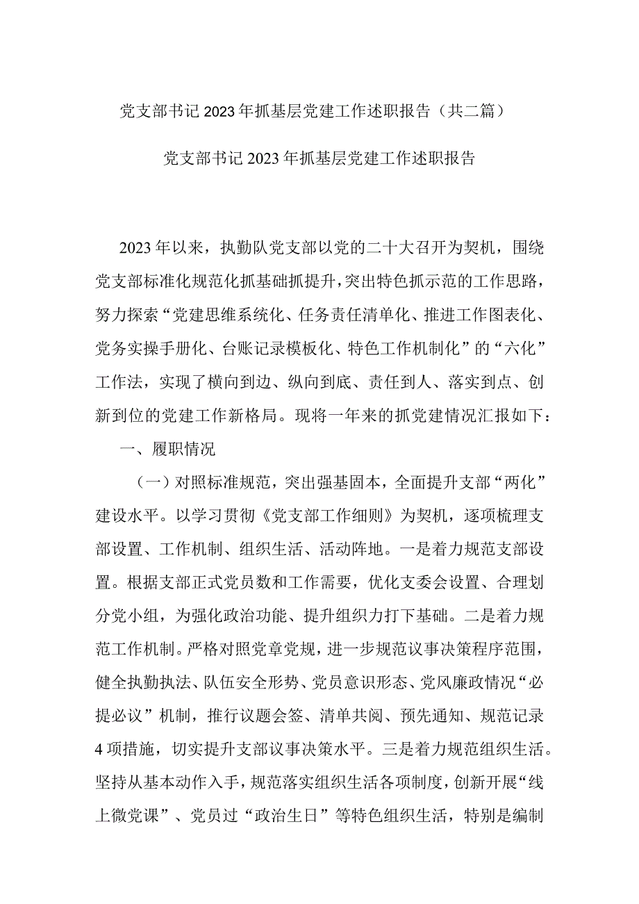 党支部书记2023年抓基层党建工作述职报告(共二篇).docx_第1页