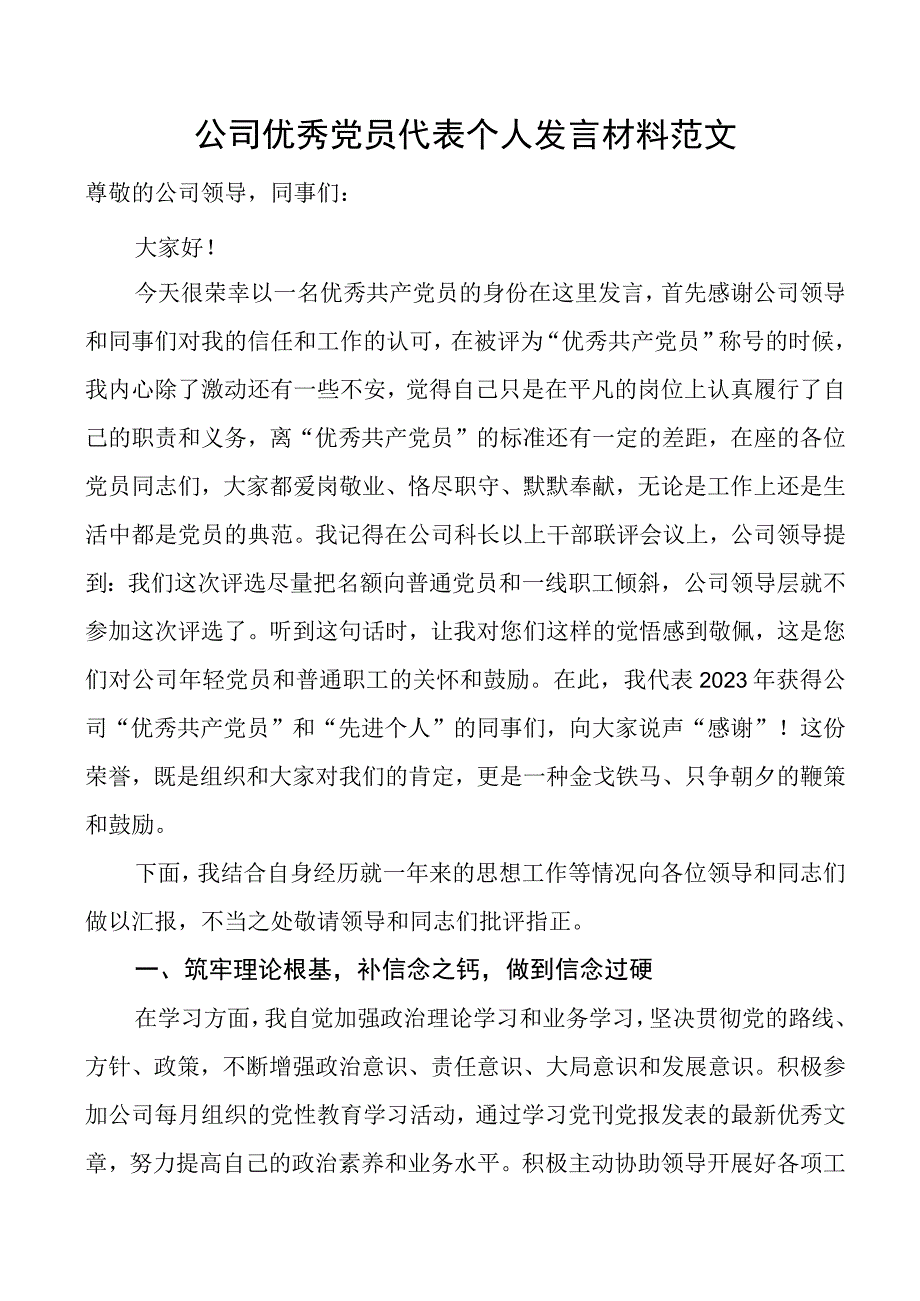 公司优秀党员代表个人发言材料集团企业自我鉴定思想工作总结汇报.docx_第1页