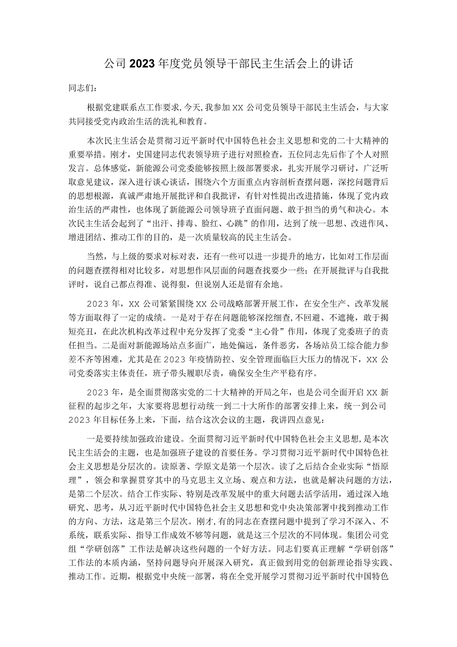 公司2023年度党员领导干部民主生活会上的讲话.docx_第1页