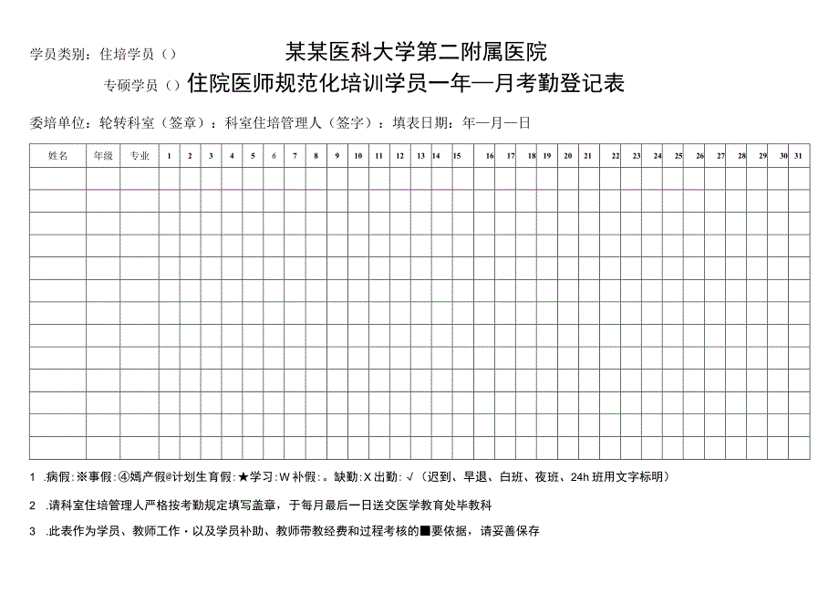 住院医师规范化培训学员考勤登记表.docx_第1页