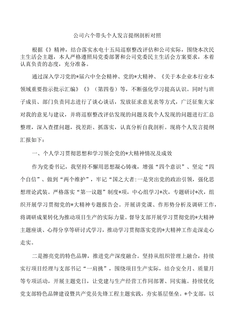 公司六个带头个人发言提纲剖析对照.docx_第1页