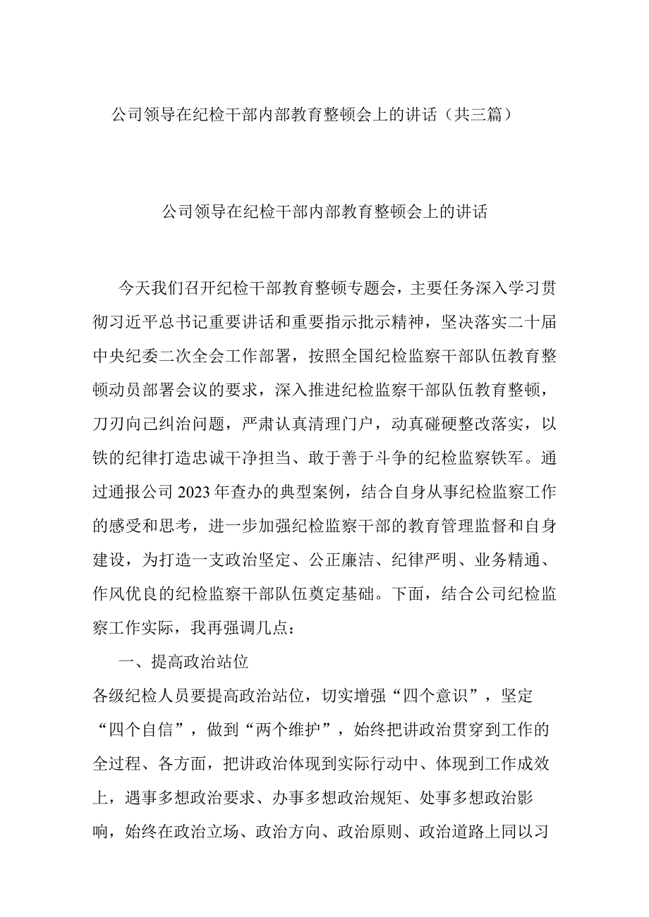 公司领导在纪检干部内部教育整顿会上的讲话(共三篇).docx_第1页