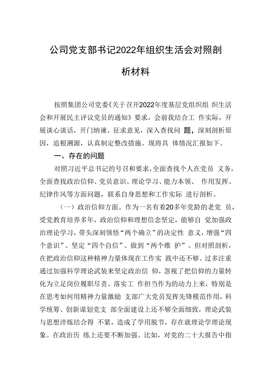 公司党支部书记2023年组织生活会对照剖析材料.docx_第1页