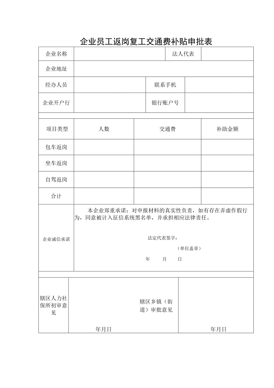 企业员工返岗复工交通费补贴申批表.docx_第1页