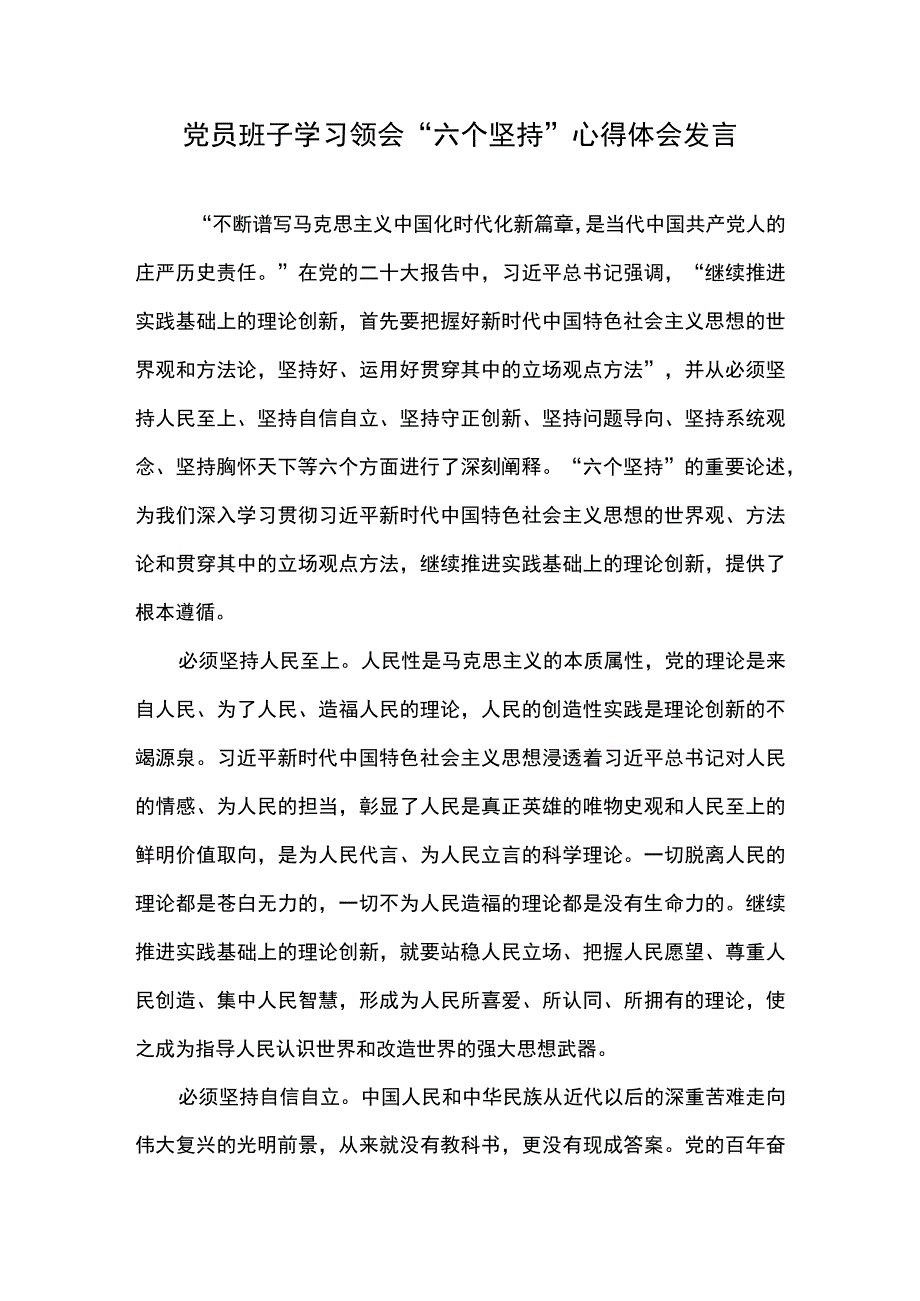 党员班子学习领会六个坚持 心得体会发言.docx_第1页