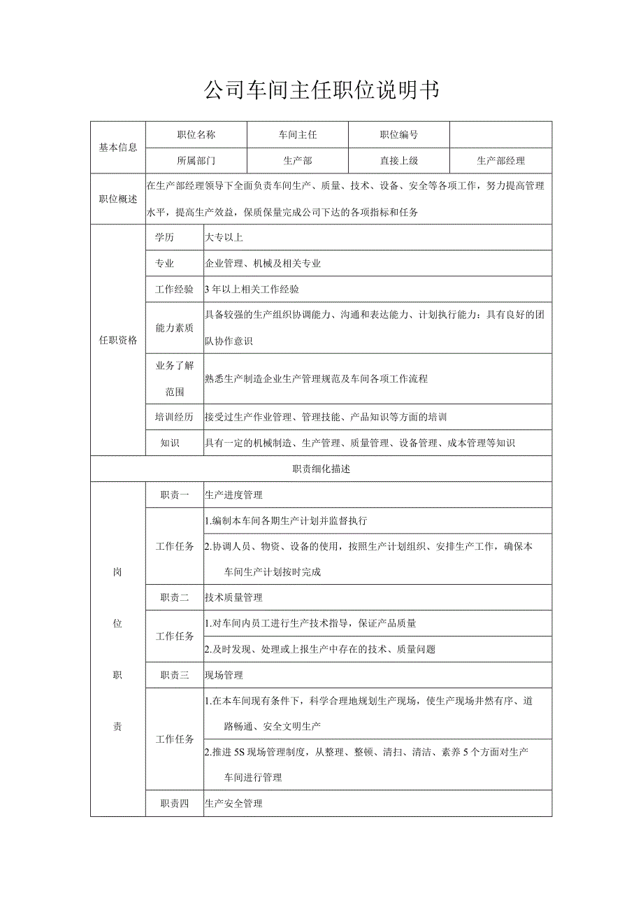 公司车间主任职位说明书.docx_第1页