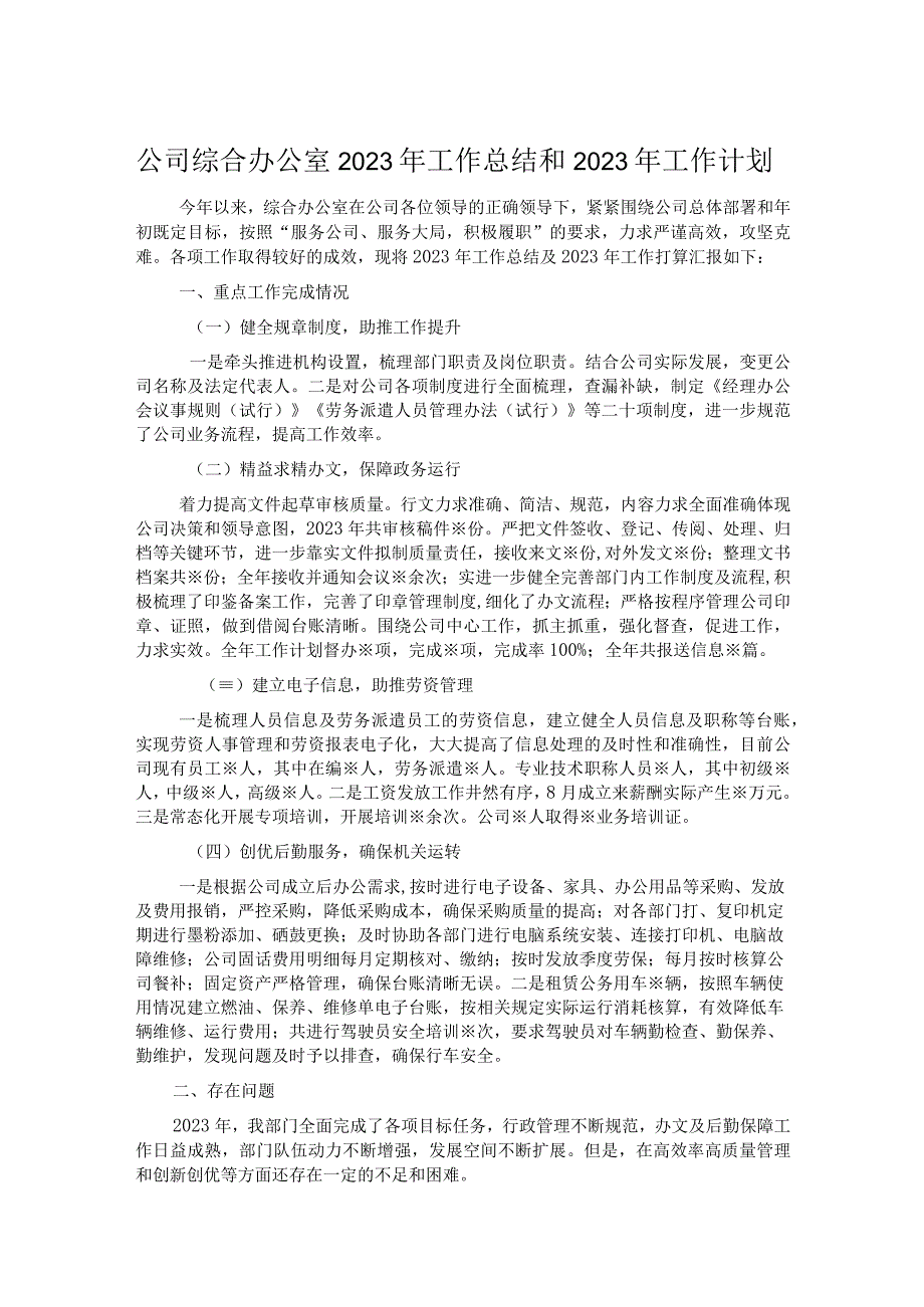 公司综合办公室2023年工作总结和2023年工作计划.docx_第1页