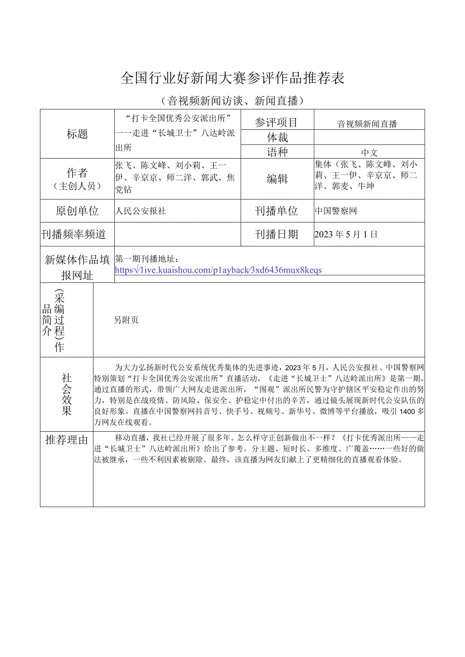 全国行业好新闻大赛参评作品推荐表.docx_第1页