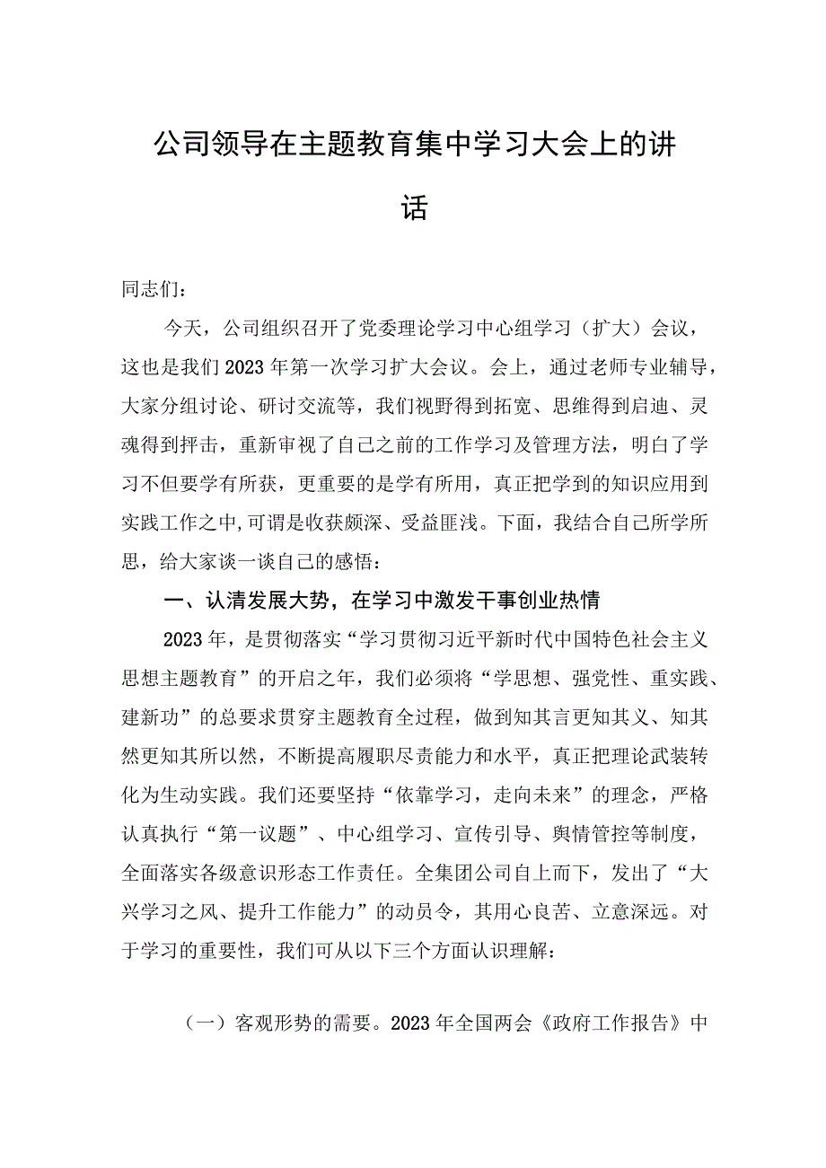 公司领导在主题教育集中学习大会上的讲话2篇.docx_第1页