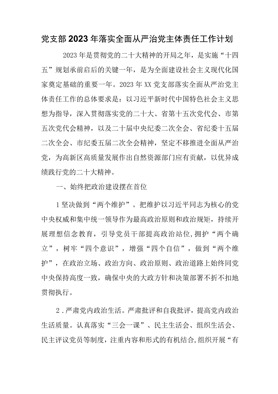 党支部2023年度落实全面从严治党主体责任工作计划.docx_第1页