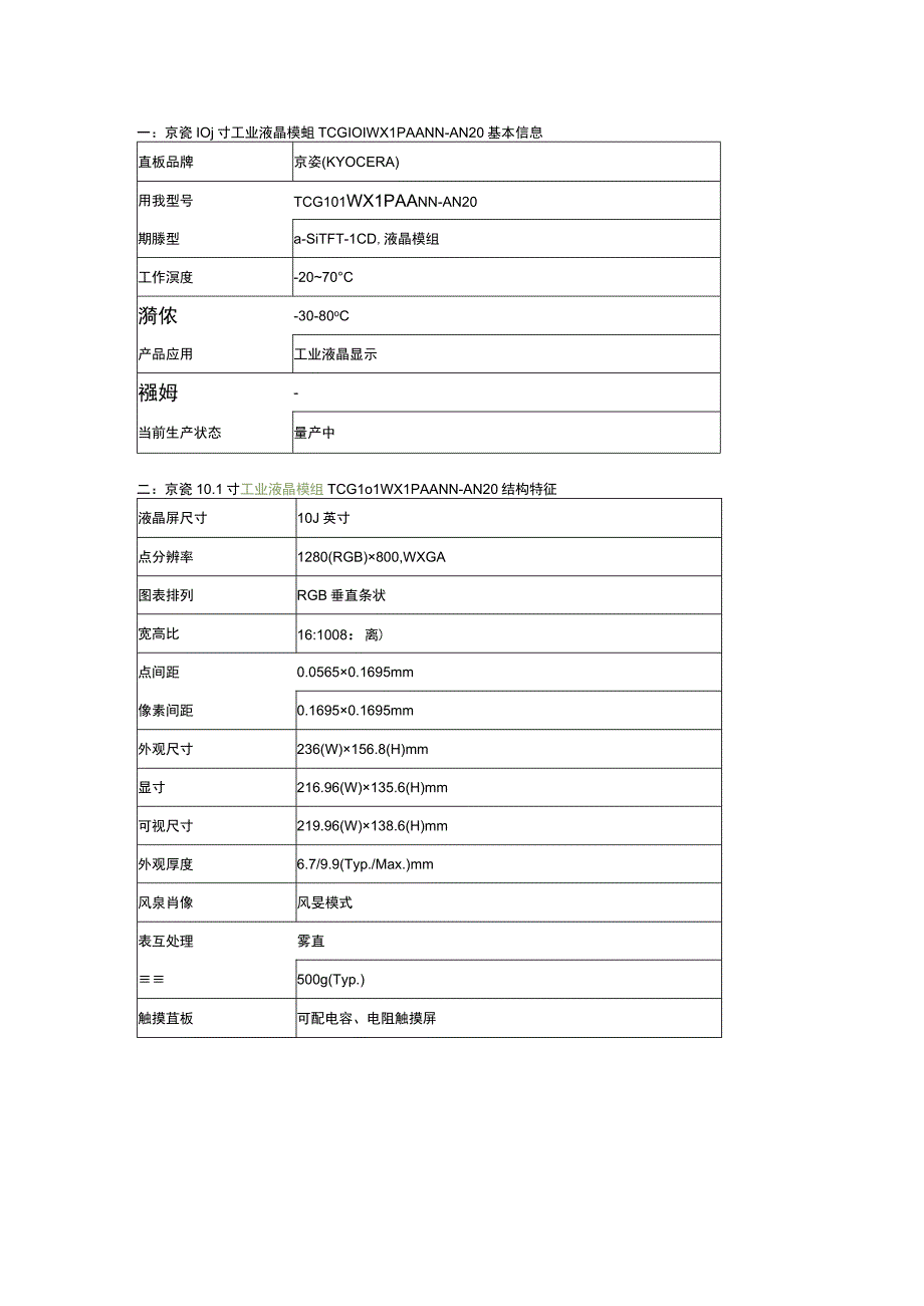 京瓷101寸工业液晶屏TCG101WXLPAANNAN20日系宽温屏.docx_第2页