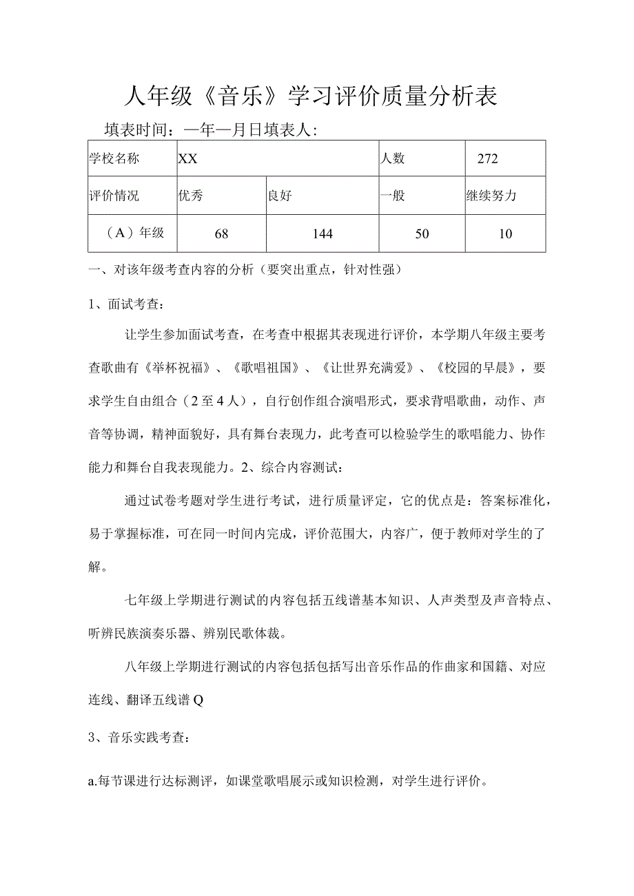 八 年级《音乐》学习评价质量分析表.docx_第1页