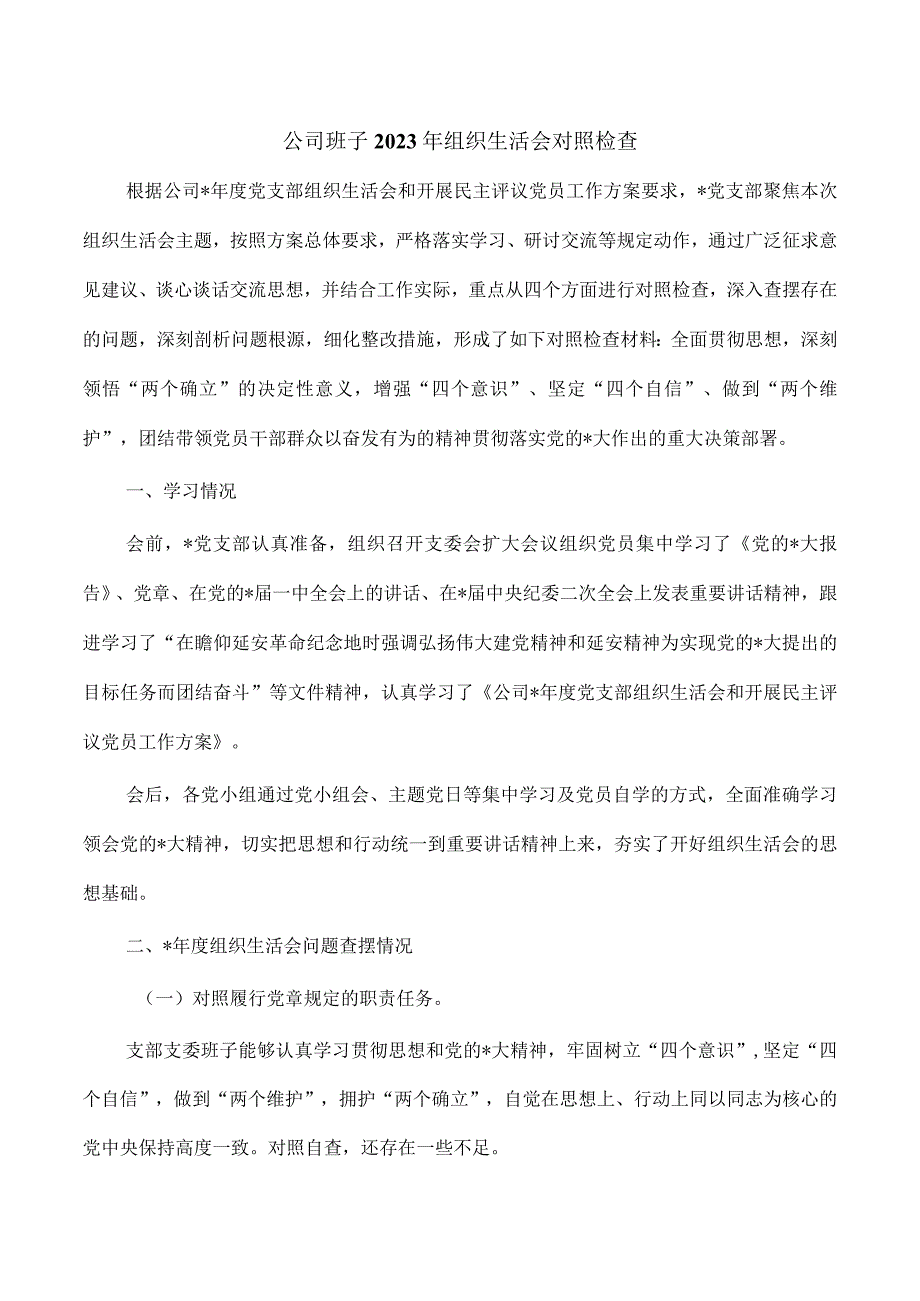 公司班子2023年组织生活会对照检查.docx_第1页