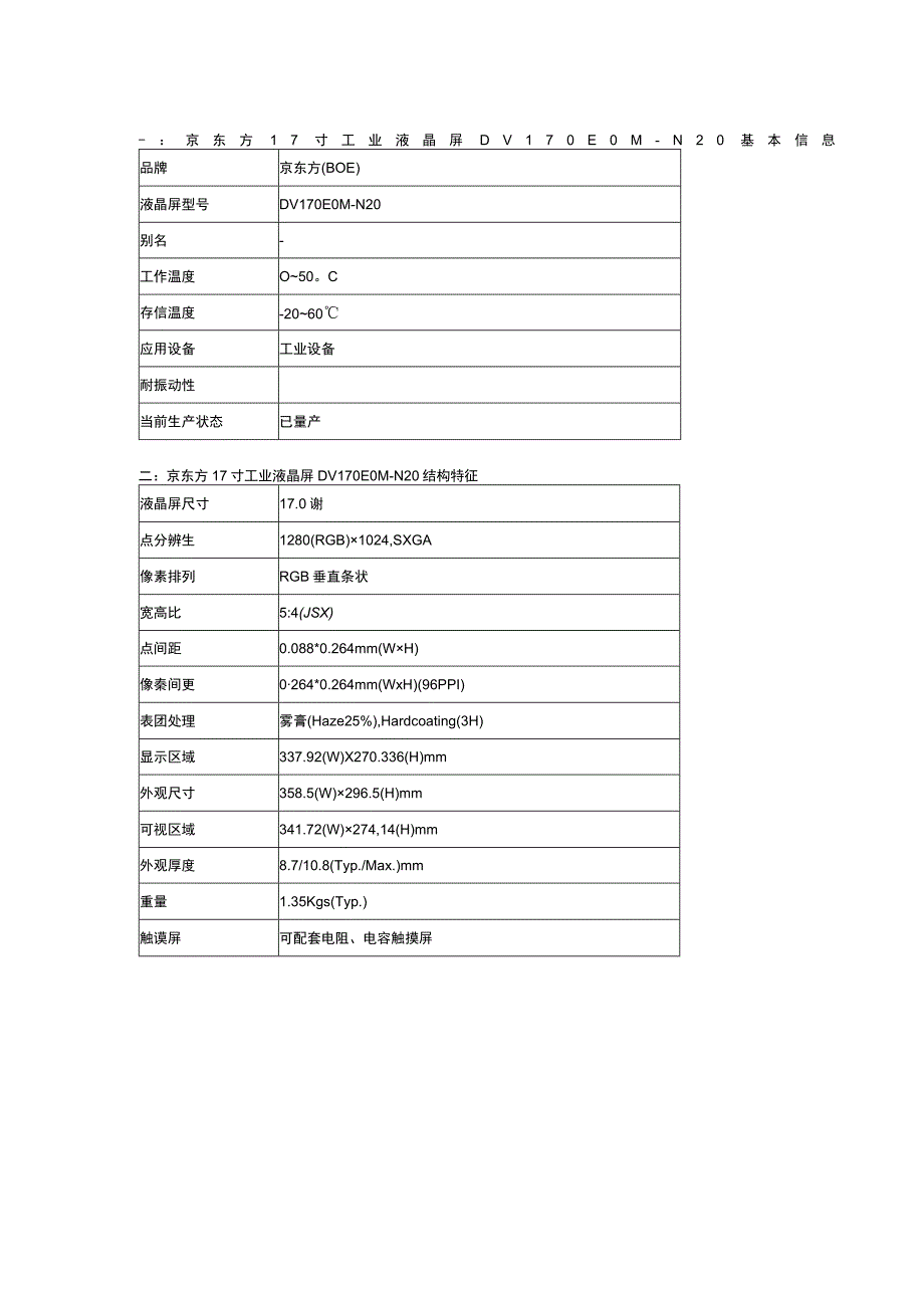 京东方17寸工业液晶屏DV170E0MN20参数规格资料.docx_第2页